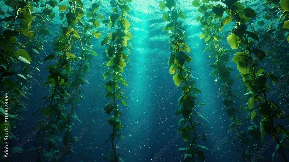 Fototapeta premium Serene Underwater Scene with Lush Green Plants and Light Rays