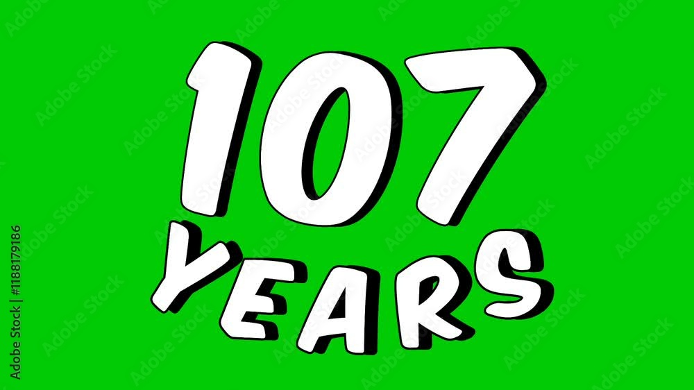 Number 107 years text animation motion graphics cartoon on green screen.celebration, anniversary, birthday concept. Number 107 years text animation motion graphics cartoon on green screen.celebration, anniversary, birthday concept.