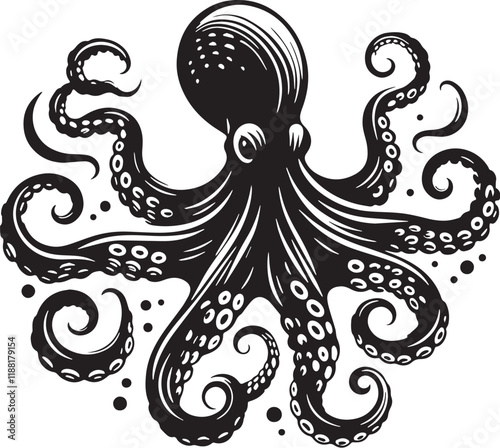 Octopus Silhouette line art vector illustration on white background