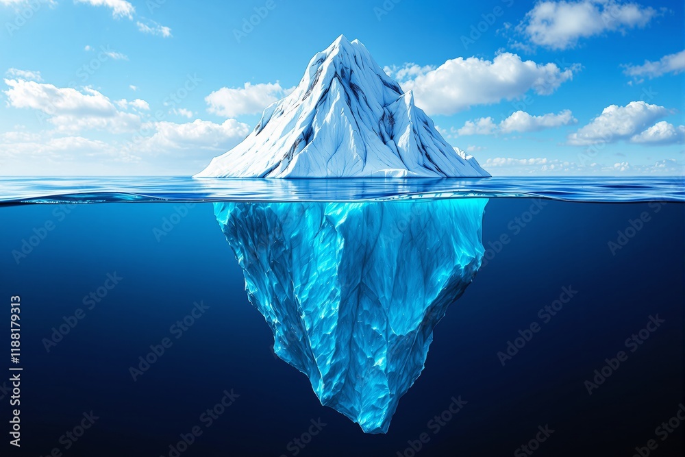 Obraz premium Iceberg floating in blue ocean with underwater section visible, bright sky with clouds in the background.