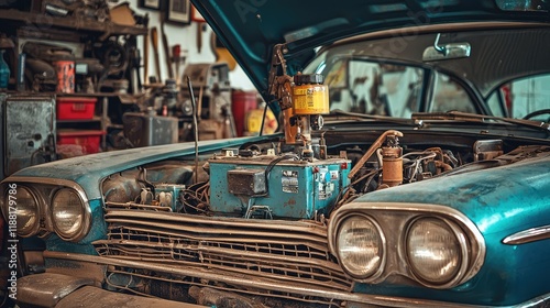 Vintage Car Engine in Rustic Garage with Tools and Equipment photo