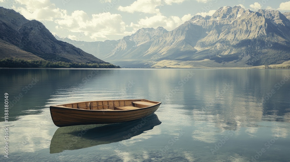 Wooden Rowboat on Calm Mountain Lake Wooden Rowboat on Calm Mountain Lake