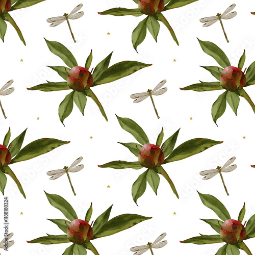 watercolor peony illustration with dragonfly seamless pattern on white