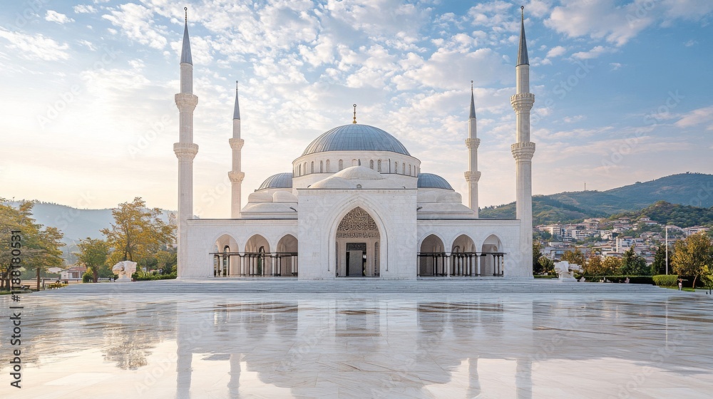 Fototapeta premium Majestic White Mosque Architecture Under a Blue Sky