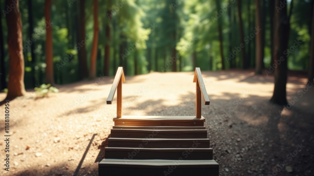 Wooden steps with handrails leading into a forest glade Wooden steps with handrails leading into a forest glade