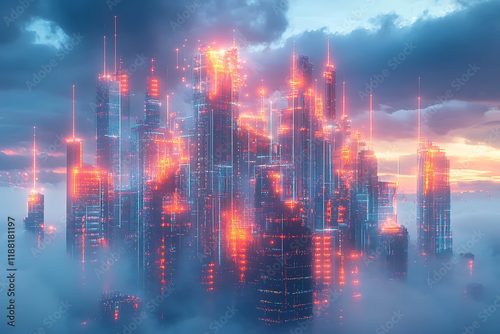 A futuristic cityscape made of digital data streams and cloud servers, highlighting the integration of cloud technology in urban environments A futuristic cityscape made of digital data streams and cloud servers, highlighting the integration of cloud technology in urban environments