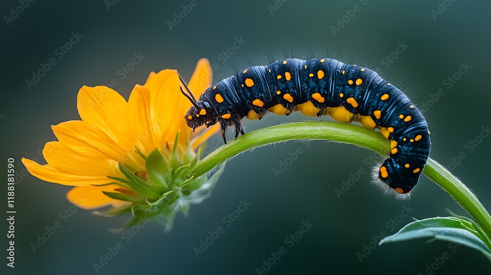 Fototapeta premium Bright caterpillar on yellow flower stem.