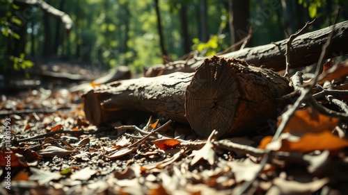 Wallpaper Mural A fallen log rests among scattered leaves and twigs on the forest floor, bathed in the soft light filtering through the canopy above. Torontodigital.ca