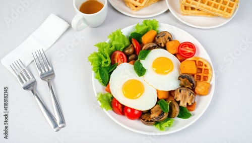 Healthy Breakfast Plate With Eggs Vegetables and Waffles photo