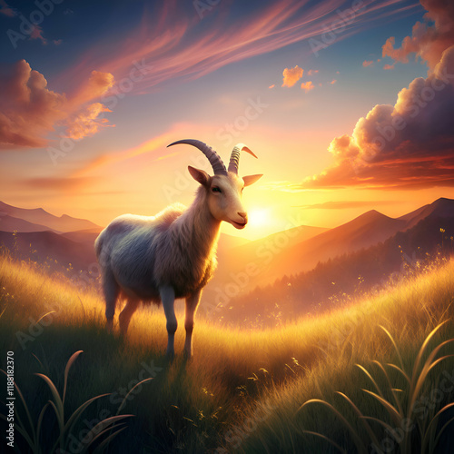 Majestic Goat at Sunset. A Serene Mountain Landscape