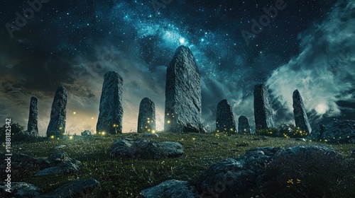Enigmatic Stone Circles Under a Starry Sky with Glowing Lights