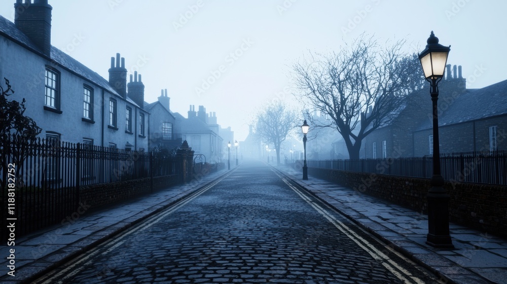 Fototapeta premium Foggy Night Street with Vintage Lamp Posts and Quiet Houses