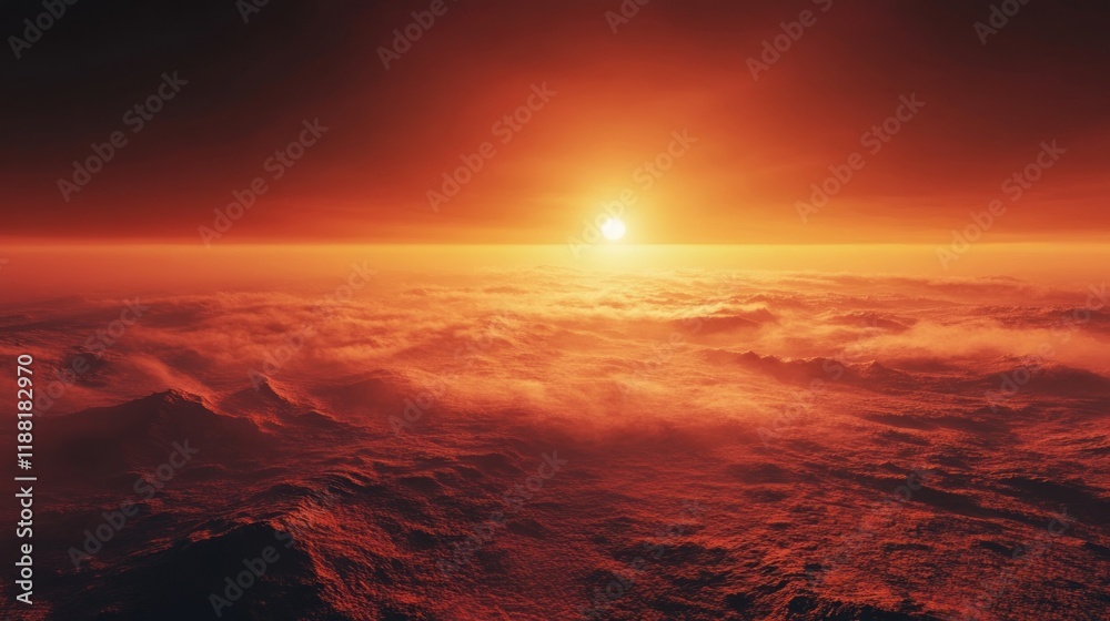 Fototapeta premium Red sun above clouds and rocky landscape, possible environmental backdrop