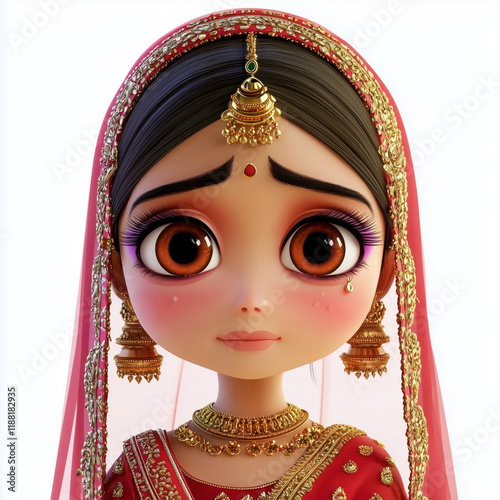 3D North Indian bride face emoji during bidaai ceremony, tearful farewell, transparent background. photo