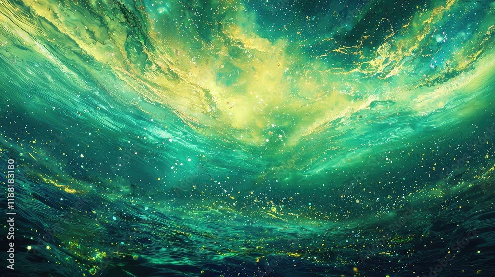Fototapeta premium Enchanting Deep Sea Landscape with Green and Gold Celestial Skies