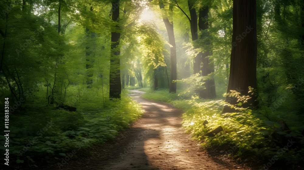 Obraz premium Sunlit path through verdant forest