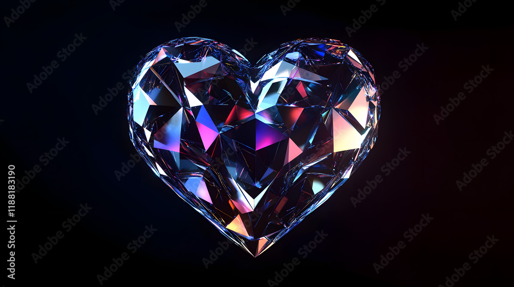 A sparkling crystal heart glowing with multicolored reflections against a dark background, symbolizing love, beauty, and elegance A sparkling crystal heart glowing with multicolored reflections against a dark background, symbolizing love, beauty, and elegance