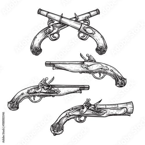 Old guns set. Vintage flintlock pistols. Hand drawn sketch style. Best for pirate themed designs. Vector illustrations collection.