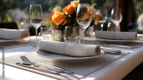 Fototapeta Naklejka Na Ścianę i Meble -  Elegant Outdoor Table Setting with Floral Centerpiece and Fine Dinnerware