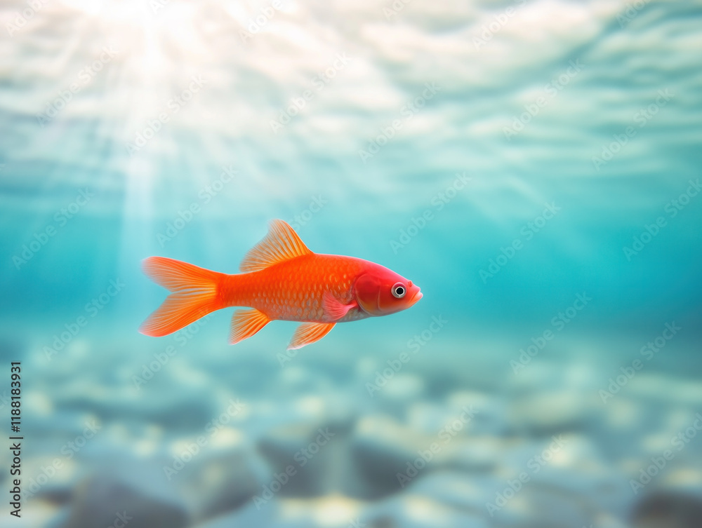 Obraz premium A Radiant Red Fish Dances Through Crystal Clear Waters, Its Shimmering Scales Highlighting the Splendor of Underwater Life Amidst Gentle Currents.