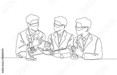 Continuous one line drawing of group of scientists discussing lab result, experiments and research in scientific laboratory concept, single line art