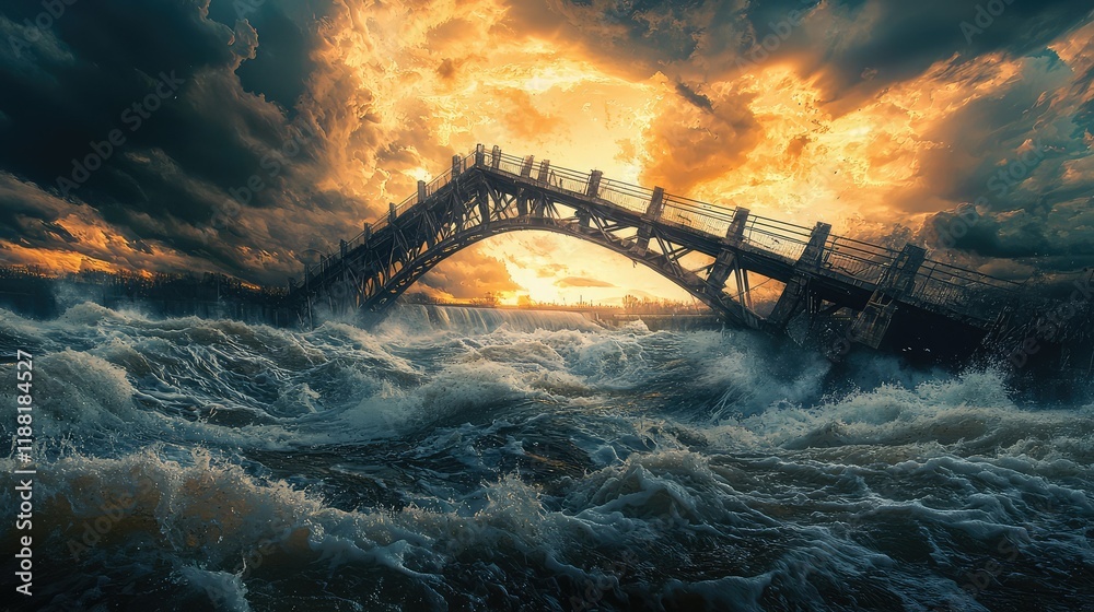 Fototapeta premium Dramatic Sunset Over Arched Bridge Amidst Turbulent Waters