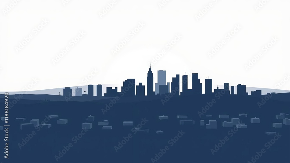 Naklejka premium Simple geometric flat style city landscape with buildings, hills, and trees in abstract design, architecture, cityscape, geometric