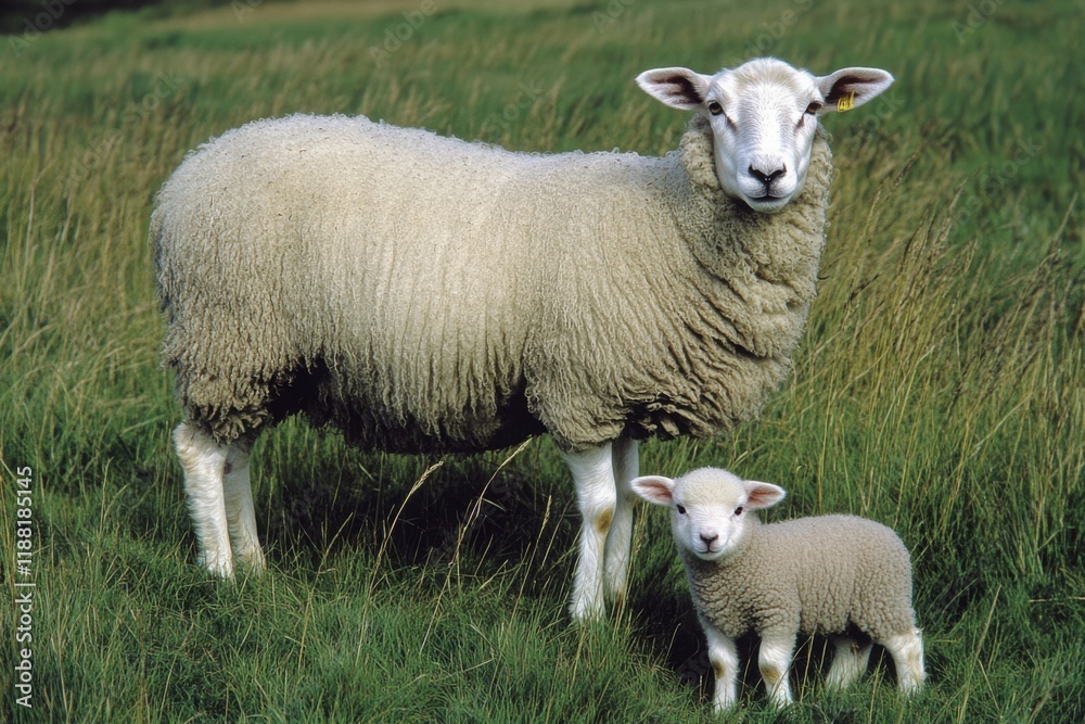 A Mother Sheep Standing Proudly Beside Her Adorable Lamb in a Lush Green Meadow Under Bright Blue Skies, Capturing the Essence of Peaceful Rural Life A Mother Sheep Standing Proudly Beside Her Adorable Lamb in a Lush Green Meadow Under Bright Blue Skies, Capturing the Essence of Peaceful Rural Life