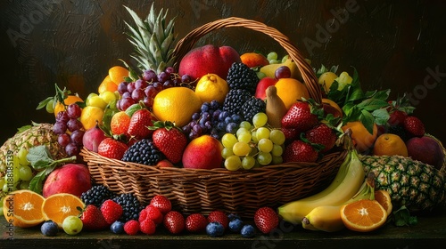 Abundant Fruit Basket Displayed on Dark Background with Fresh Variety