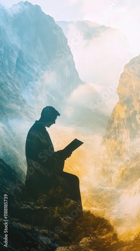 Apostle in Mountain Valley Hebrew Scroll and spiritual double exposure vision