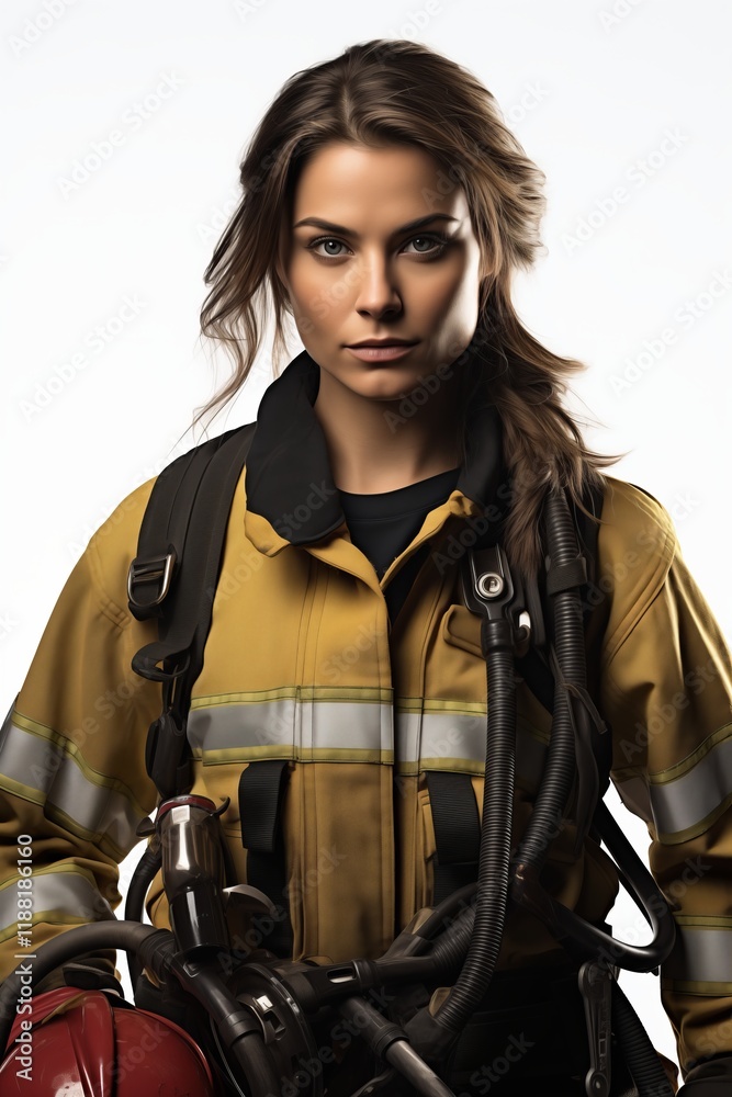 Obraz premium A confident female firefighter in uniform, showcasing strength and determination against a neutral backdrop.