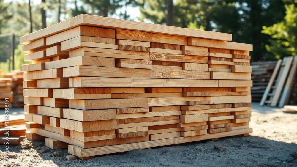 A neatly stacked pile of freshly cut wooden planks, ready for construction or DIY projects A neatly stacked pile of freshly cut wooden planks, ready for construction or DIY projects