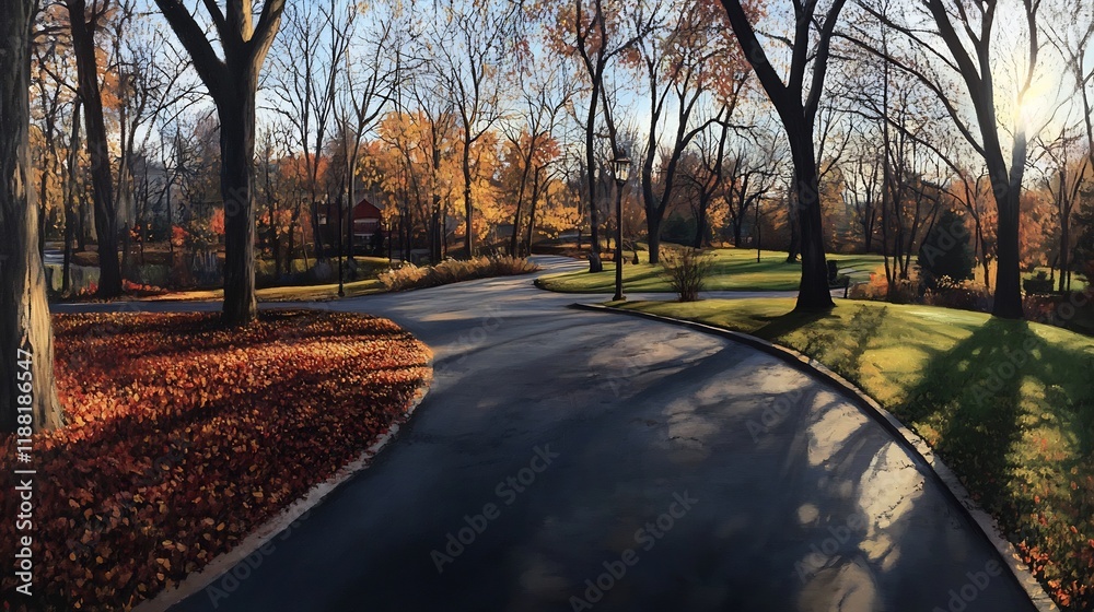 Naklejka premium Autumnal Pathway: A Serene Fall Landscape