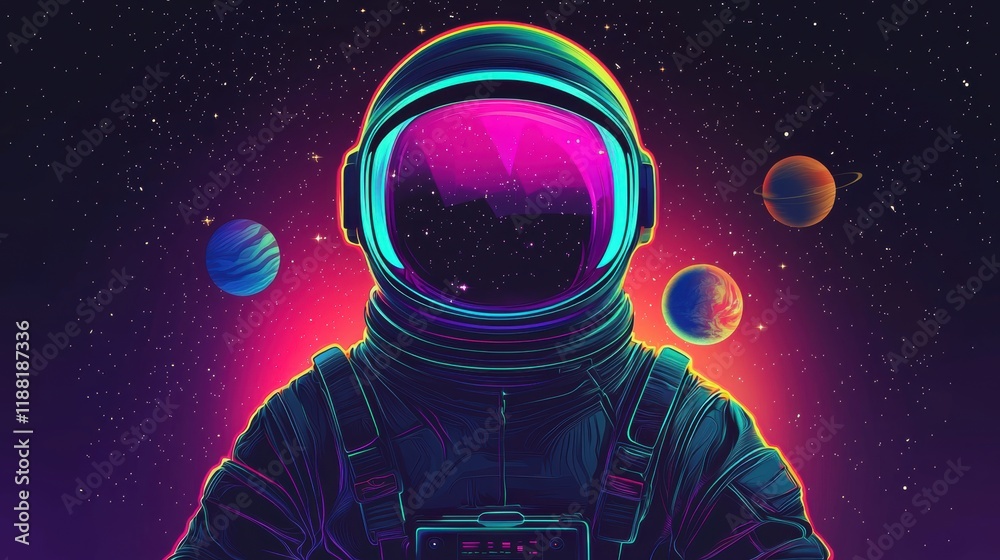 Colorful Astronaut in Cosmic Space with Planets and Stars Background Colorful Astronaut in Cosmic Space with Planets and Stars Background
