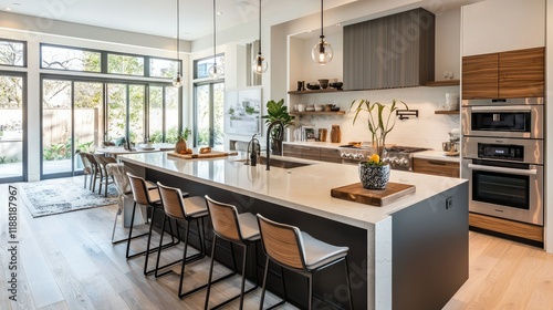 Modern Bright Kitchen Interior with Stylish Bar Seating and Decor