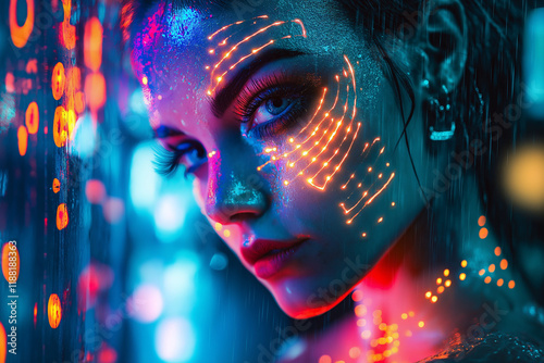 A futuristic woman with glowing orange cybernetic facial implants stands in the rain under vibrant neon lights in a cyberpunk city photo