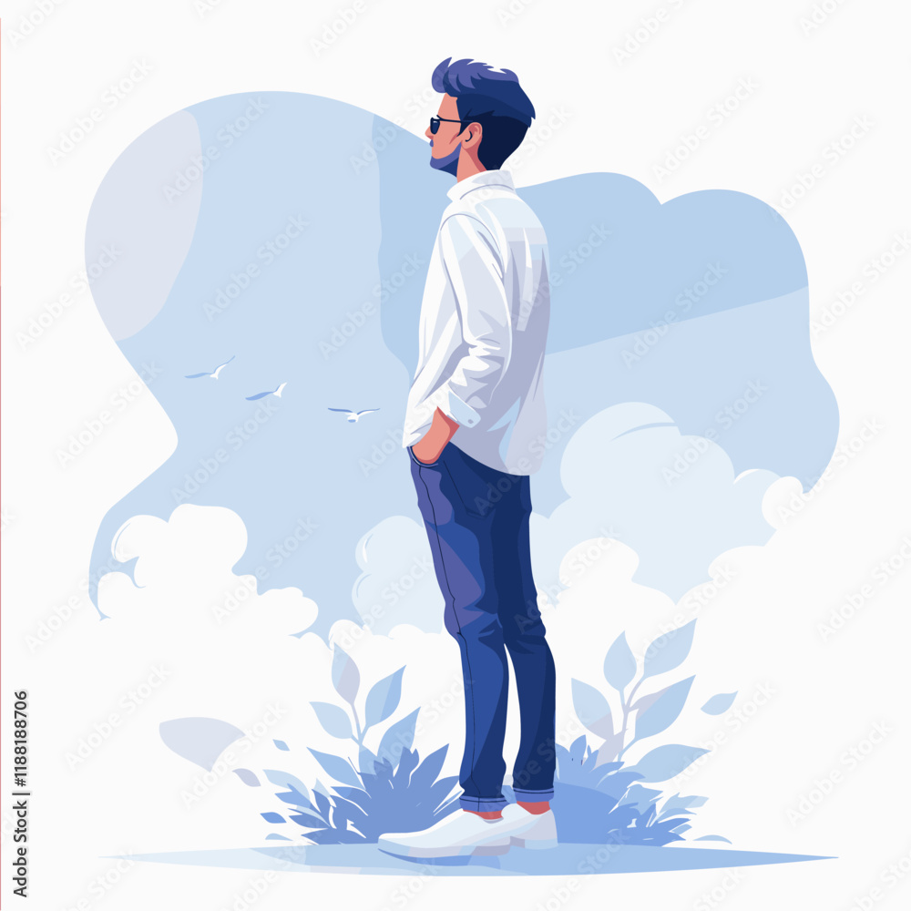 Vector illustration of a man in a white shirt, blue jeans and sunglasses on the background of nature. Vector illustration of a man in a white shirt, blue jeans and sunglasses on the background of nature.