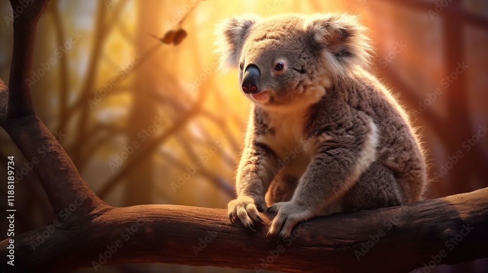 Obraz premium A koala perched on a tree branch, backlighting, light background with space on the right,generative ai illustration