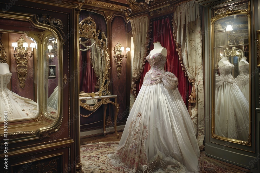 A luxurious bridal gown displayed in an ornate room with mirrors and elegant decor. A luxurious bridal gown displayed in an ornate room with mirrors and elegant decor.