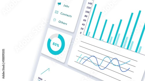 Landing Business Website with Statistical Infographics (Graph, Chart and Diagrams). Navigating Professional Dashboard of Web Page In 3D Perspective. Online Business Performance, Statistics and Success