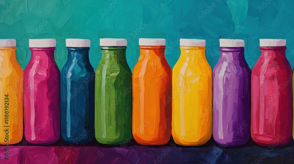 Colorful Bottles in a Row with Bright Background and Artistic Style Colorful Bottles in a Row with Bright Background and Artistic Style
