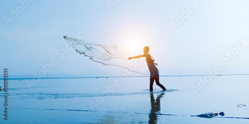 throwing fishing net during sunrise, Assam
 photo