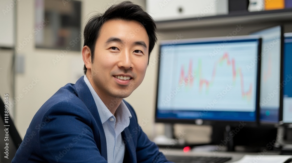 Obraz premium Asian male adult analyzing financial data on computer screens in office