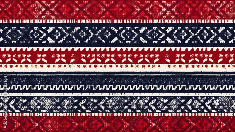 Red and blue patterned textile design with geometric shapes Red and blue patterned textile design with geometric shapes