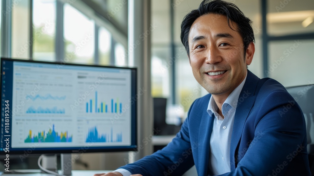 Asian male adult analyzing data on computer in office environment Asian male adult analyzing data on computer in office environment