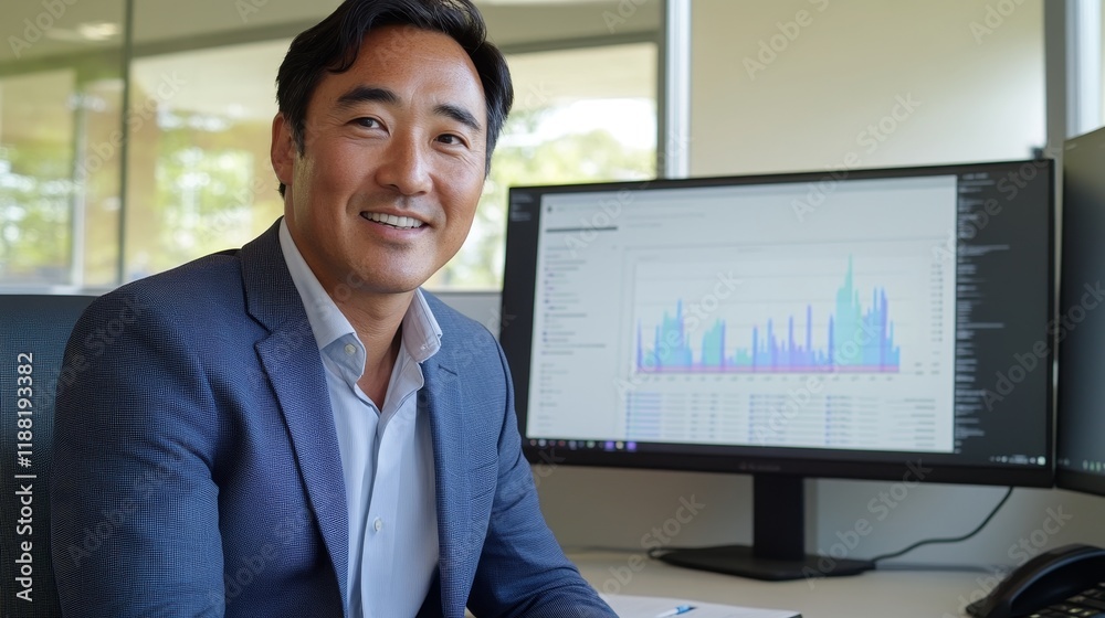 Fototapeta premium Asian male adult professional in office with financial data on monitor