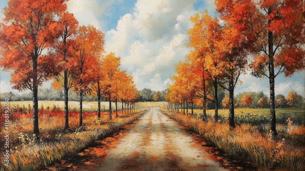 Naklejka premium Autumnal Roadway Through Golden Trees and Fields