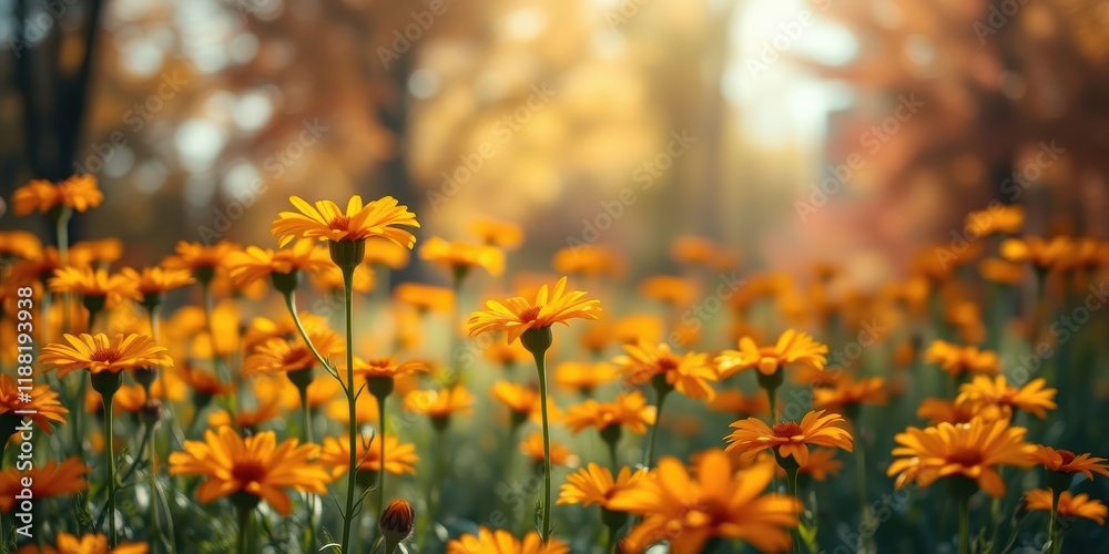 Obraz premium A field of bright yellow wildflowers basking in the golden sunlight, a symphony of delicate petals and slender stems swaying gently in the warm breeze.