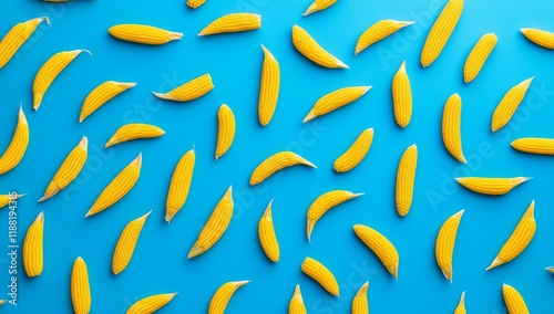 Yellow corn kernels arranged on a blue background. photo