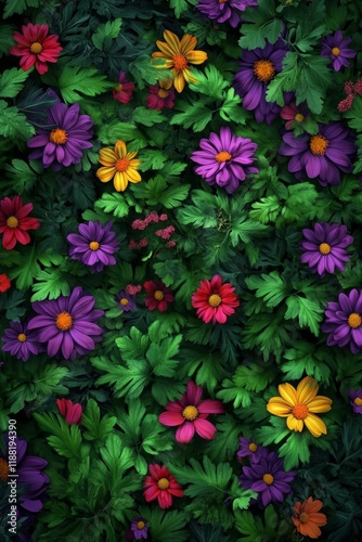 Vibrant multicolored flowers densely blooming in lush green foliage.